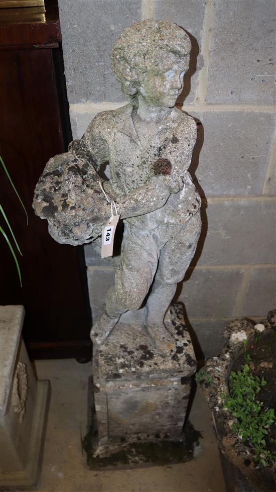 A reconstituted stone figure of a boy on plinth, height approx. 112cm, width approx. 34cm